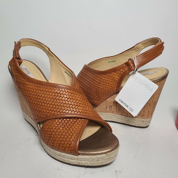 GEOX Women sandals wedge slingback Donna Janira brown Caramel Sz 10 40 new - Picture 1 of 8